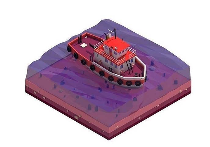 Cartoon Low Poly Tugboat Illustration