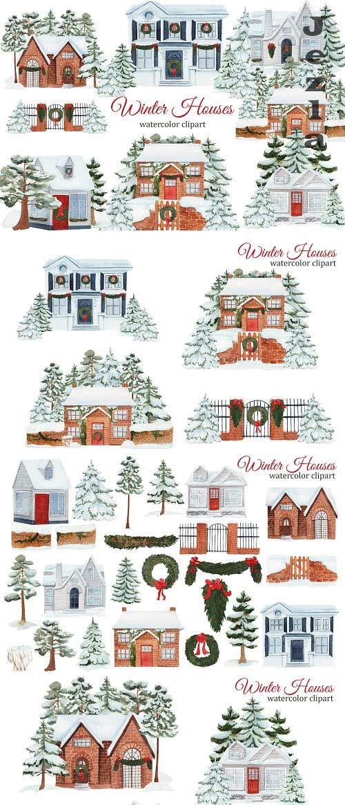 Watercolor Winter House Clipart - 1609800