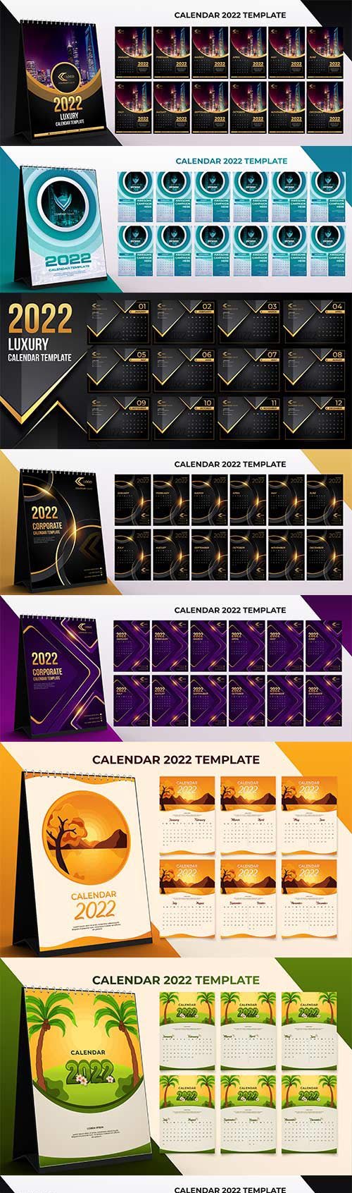 2022 desk calendar corporate template set of 12 months with black gold color background premium v...