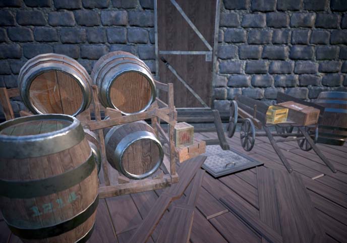 Medieval Barrels and boxes scene