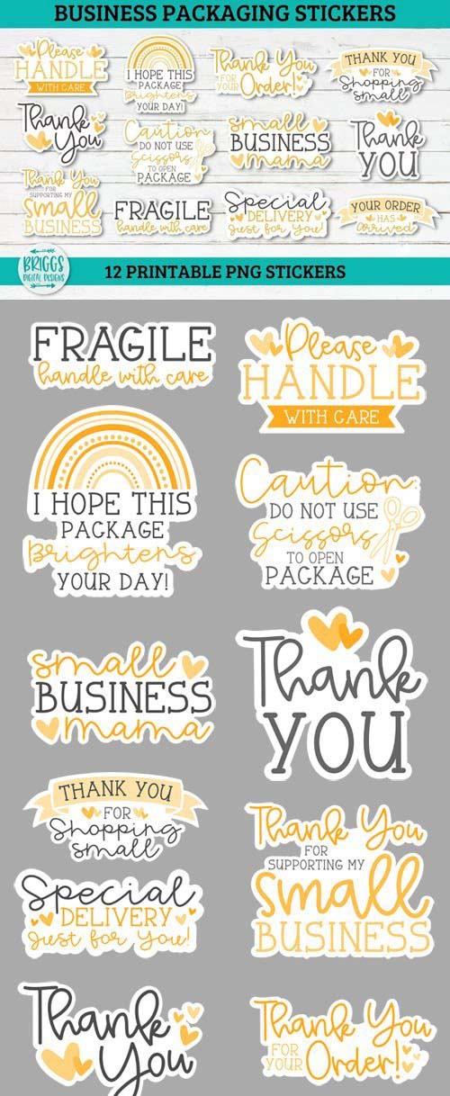 12 Yellow Business Packaging Printable Stickers PNG Bundle