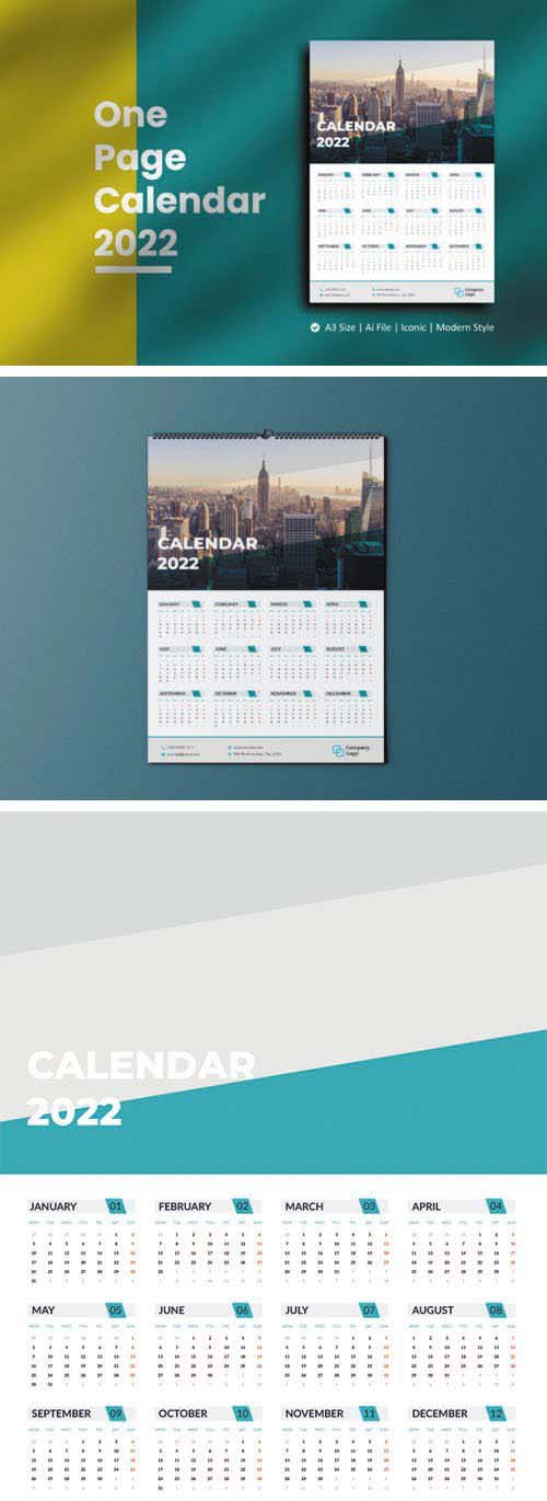 2022 One Page Wall Calendar Vector A3 Template