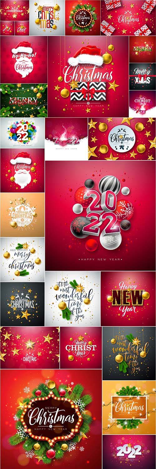 Merry christmas and happy new year illustration with gift box gold glass ball star and typography...