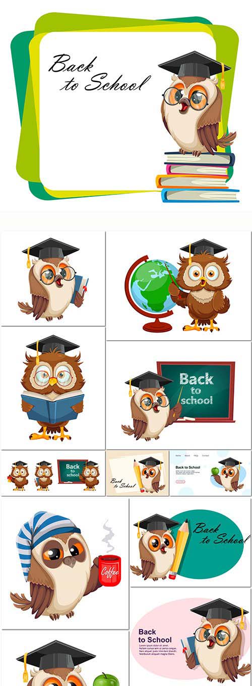 Cute wise owl set of three poses funny owl cartoon character back to school concept premium vector