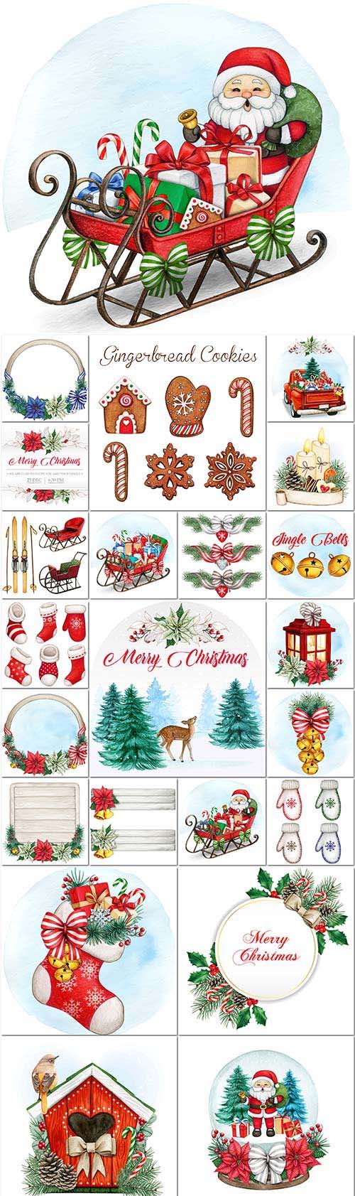 Santa claus and christmas decorations, new year elements in vector