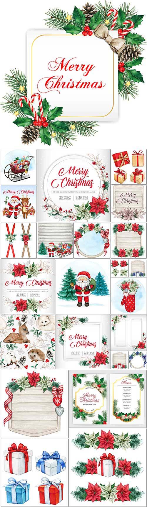 Hand drawn Merry christmas and happy new year poster vector