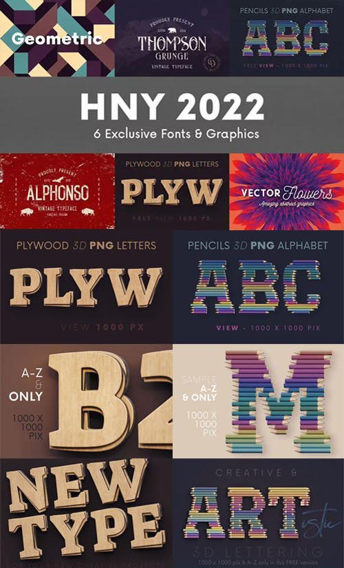New Year 2022 Design Resources Collection Vol.2 - 6 Exclusive Fonts & Graphics