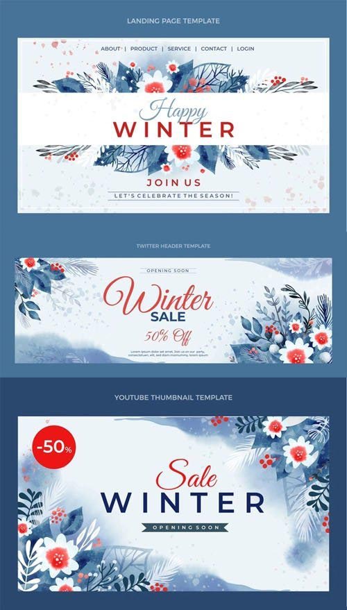 Watercolor Winter Sales Collection Vol.3 - 8 Vector Templates