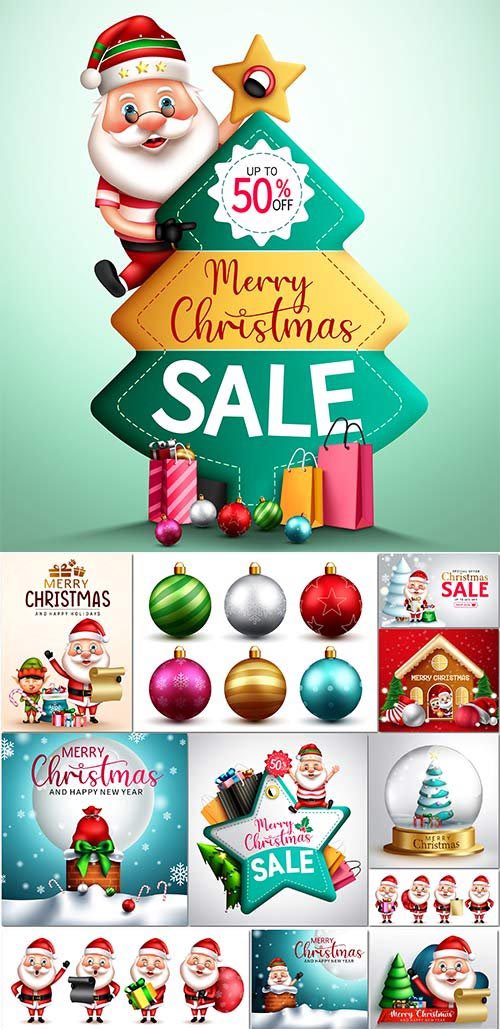 Christmas characters vector set merry christmas greeting text with santa claus
