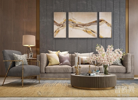 Modern three-seat sofa coffee table floral 3D model