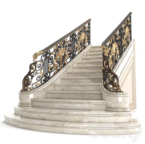 Classic marble staircase with wrought iron railing