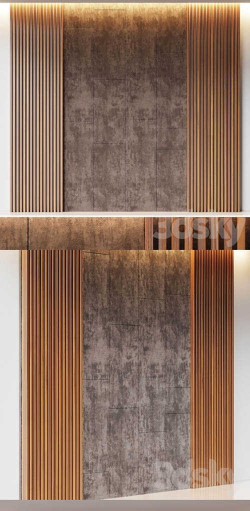 Decorative wall panel made of oak battens and beige velveteen