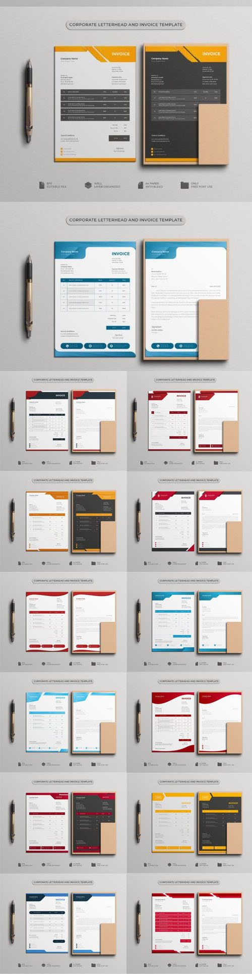 16 Professional A4 Letterhead & Invoice Design Vector Templates