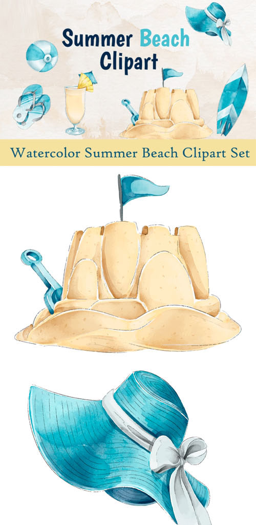 Watercolor Summer Beach Vector Cliparts