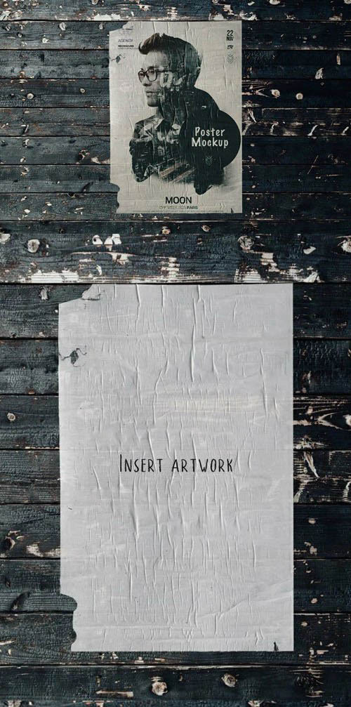 Wrinkled Poster on Woody Wall PSD Mockup Template