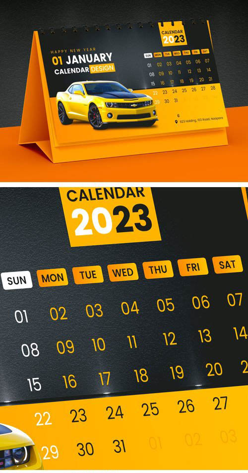 Black and Yellow Desk Calendar PSD Mockup Template