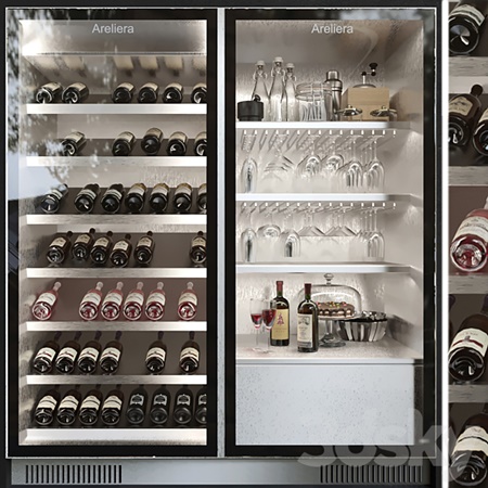 Wine cabinet with wine and crystal service. Alcohol