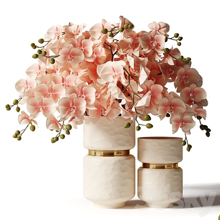 Bouquet of pink orchids in a modern beige vase