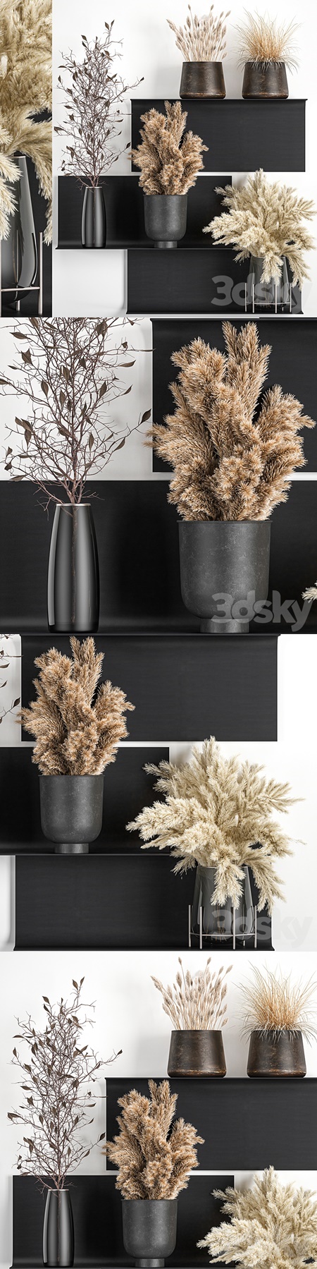 Bouquet 119. Pampas grass, branches, vase, reeds, dried flowers, metal shelf, shelf with flowers