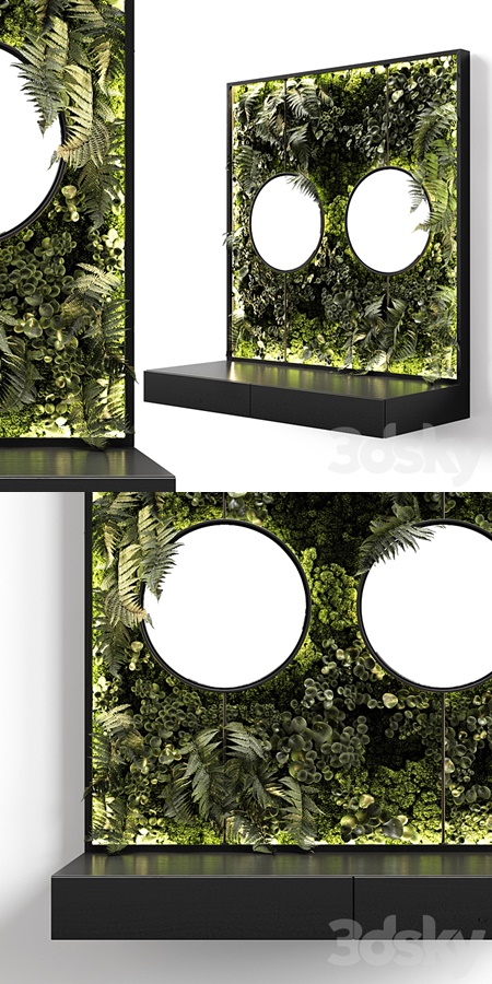 Console with mirrors and vertical garden