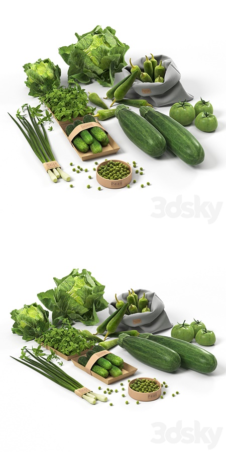 Set with green vegetables: cabbage, cucumbers, peppers, zucchini, onions, tomatoes, peas
