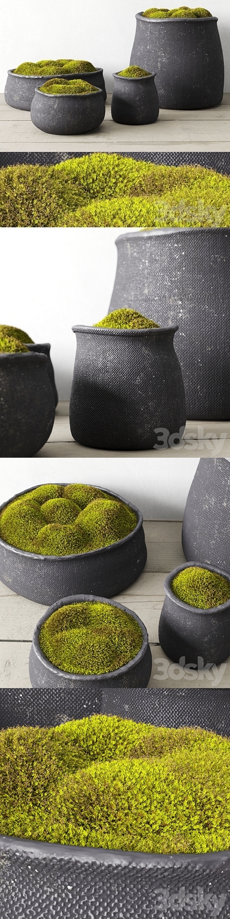 Crosshatch concrete vessel collection with moss