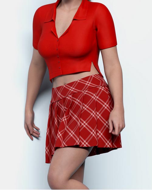 dForce Buttoned Crop Shirt and Pleated Skirt for Genesis 9