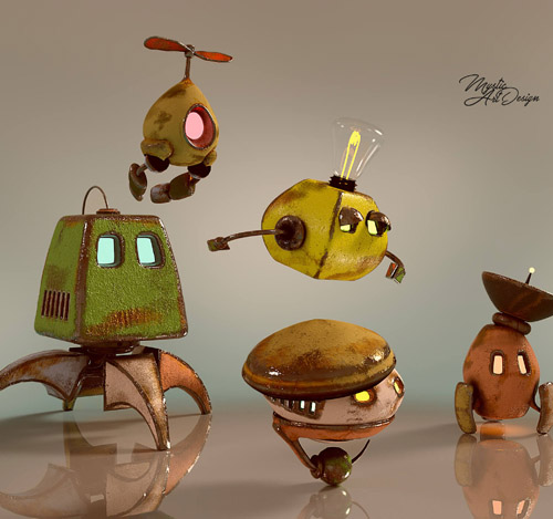 Cute Flying Robot and Friends