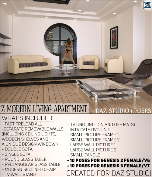 Z Modern Living Apartment + Poses - Daz Studio