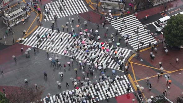 Shibuya, Shibuya Crossing, crowds of people crossing the famous crosswalks at the centre of Shibuyas fashionable shopping and entertainment district, elevated view, Tokyo, Japan, Asia