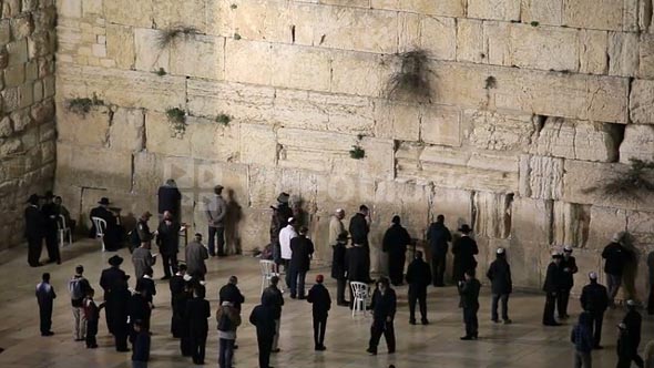 Old City, Jewish Quarter of the Western Wall Plaza, with people praying at the wailing wall, Jerusalem, Israel,