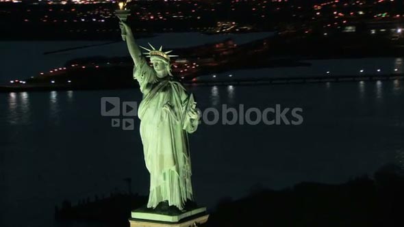 Zoom Out from Statue of Liberty Night Aerial