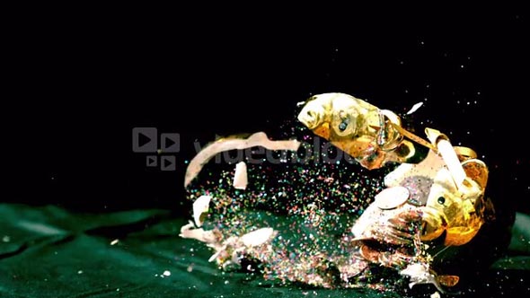Slow Motion Exploding Piggy Bank Coins and Confetti