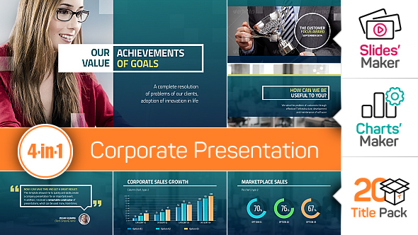 4-in-1: Corporate Presentation + Slides' Maker, Charts' Maker and Title Pack