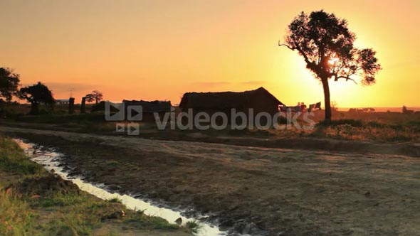Dirt Road and Homes at Sunset