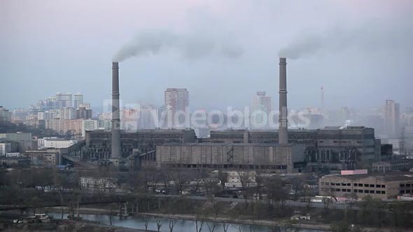Pyongyang, Coal fired power plant factory chimneys in the city, North Korea, Asia