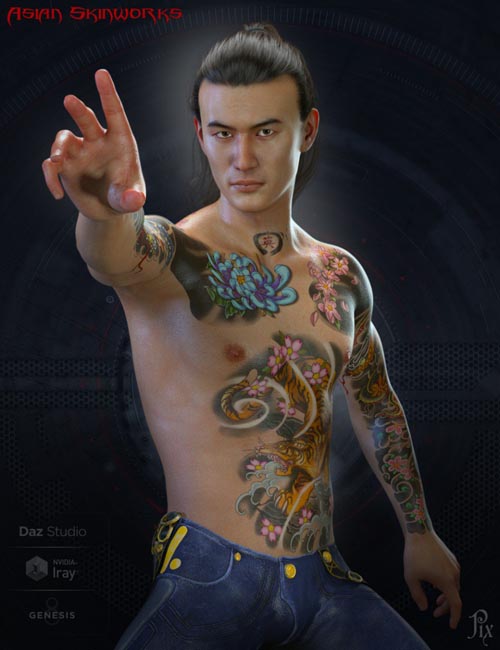 Asian SkinWorks L.I.E. Tattoos for Genesis 3 and 8 Male(s)