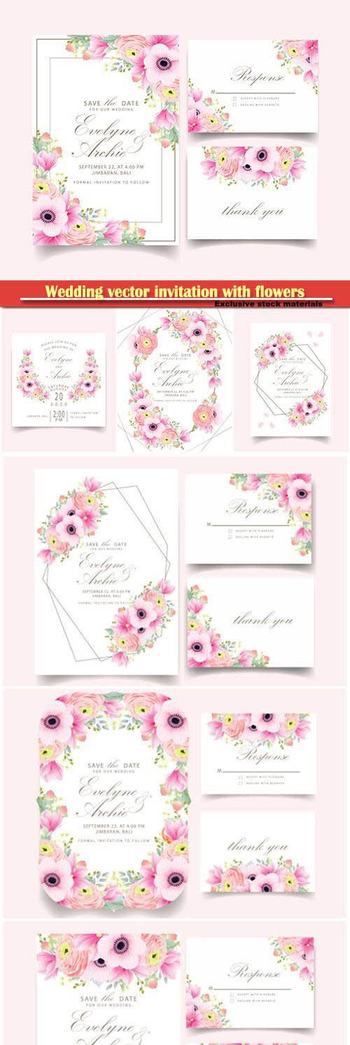 Wedding vector invitation with beautiful flowers