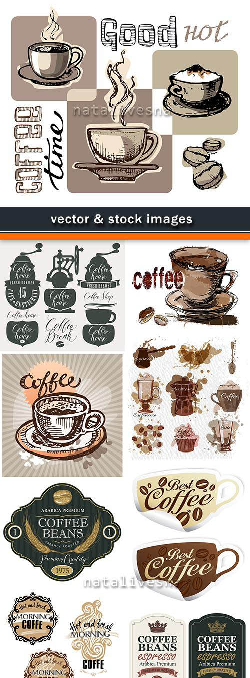 Coffee shop and cup fragrant cappuccino breakfast set labels