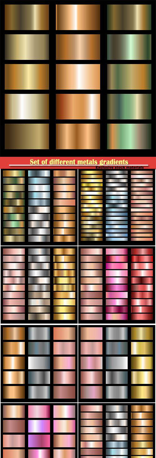 Set of different metals gradients, gold, bronze, silver and copper vector backgrounds