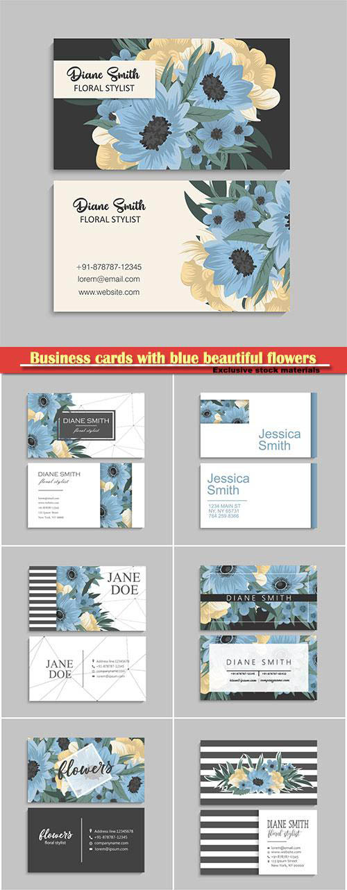 Business cards with blue beautiful flowers