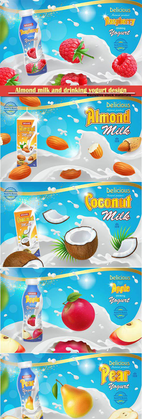 Almond milk and drinking yogurt design ads template realistic 3d illustration