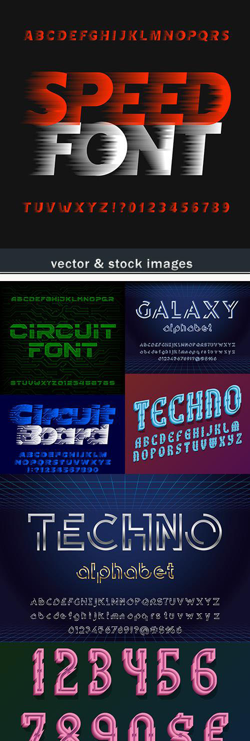 Abstract techno font and figures for creative design