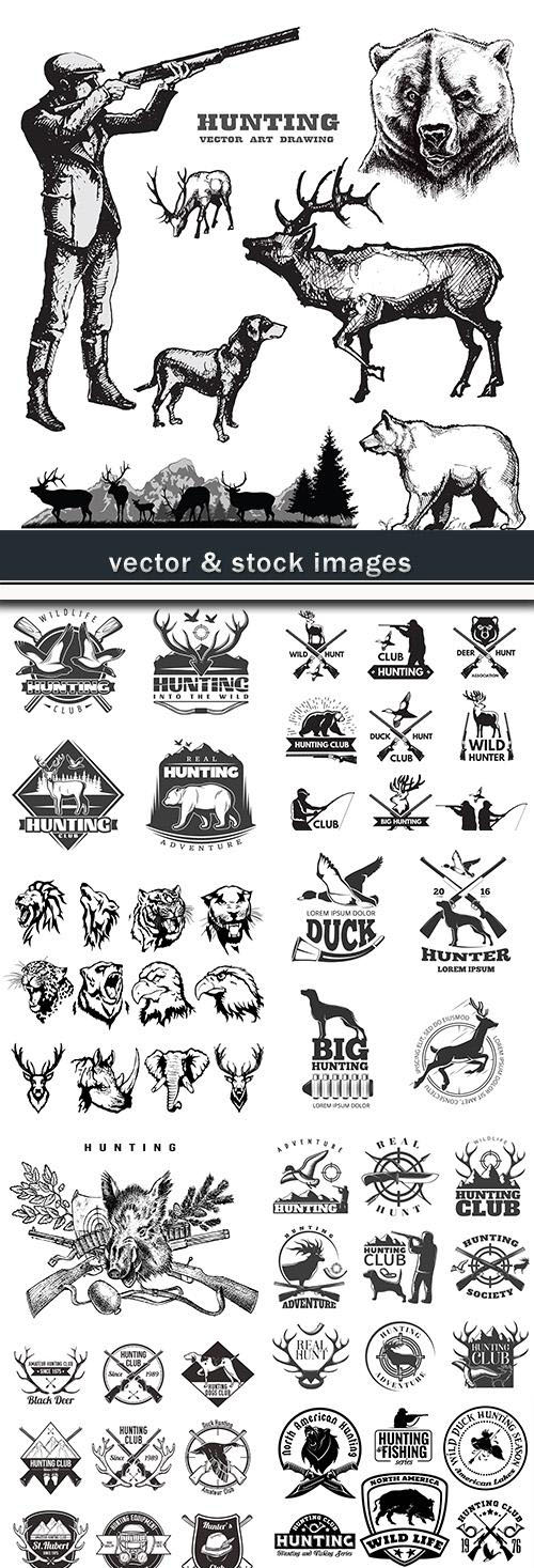 Hunting wild nature and animals vintage emblems