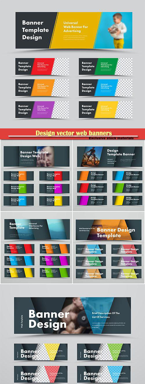 Design vector web banners with diagonal material design elements and space for photo