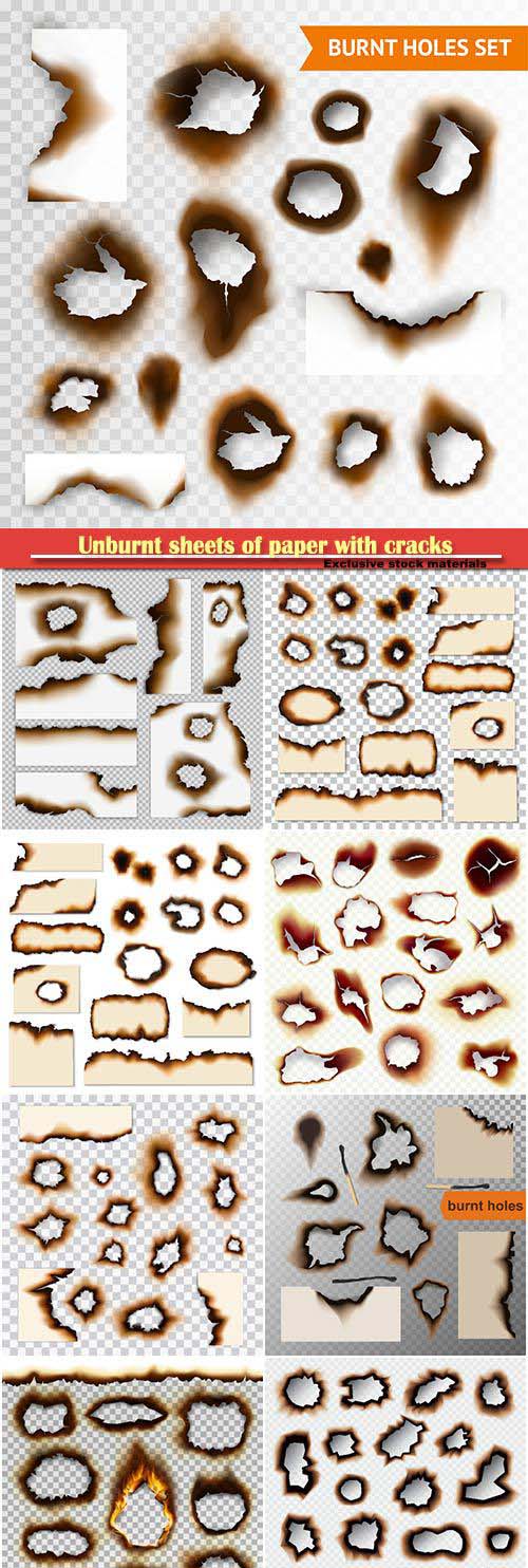 Unburnt sheets of paper with cracks caused by fire