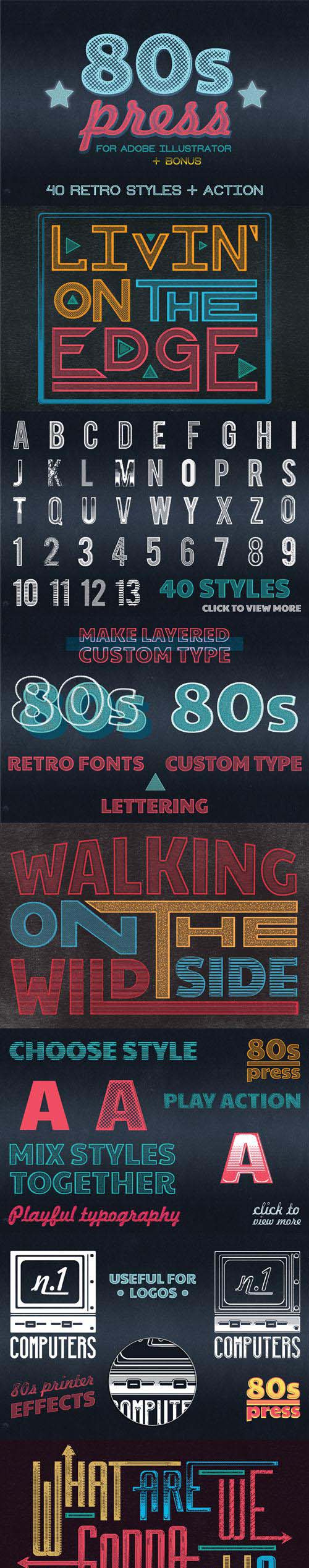 80's Press for illustrator - 40 Retro Styles & Actions