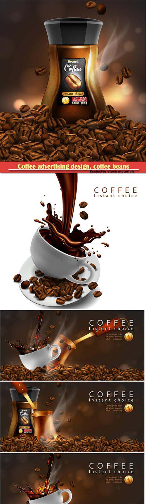 Coffee advertising design, coffee beans, cup of coffee with a splash effect and a transparent smoke ...