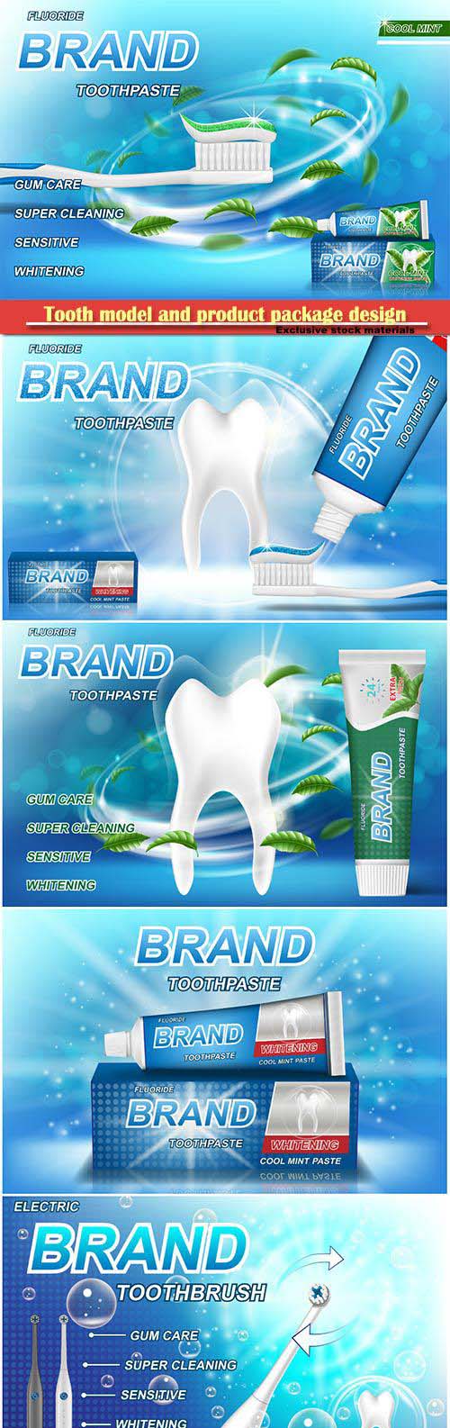 Tooth model and product package design for toothpaste poster or advertising