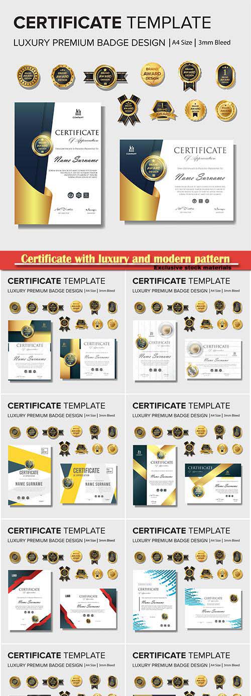 Certificate with luxury and modern pattern, diploma vector template
